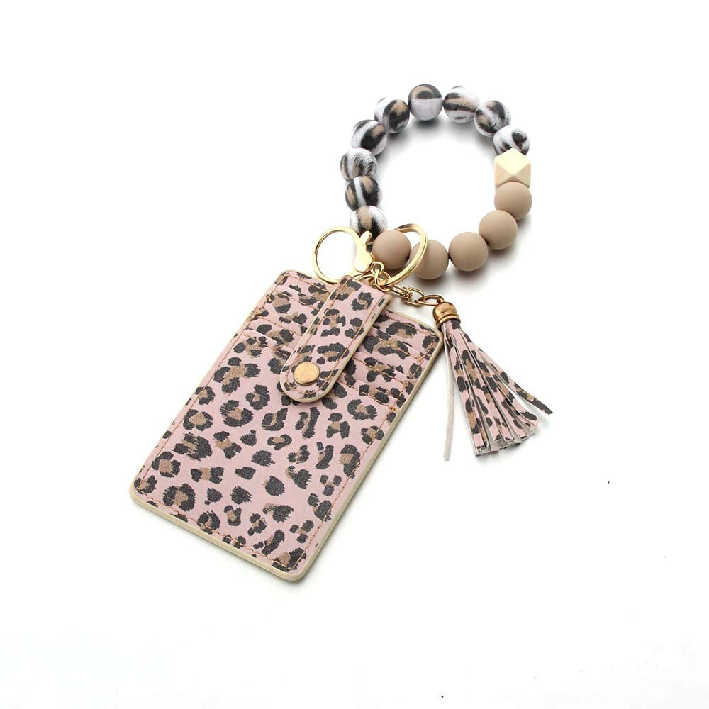 Wholesale Leopard Print Card Holder Silicone Beaded Wrist Keychain
